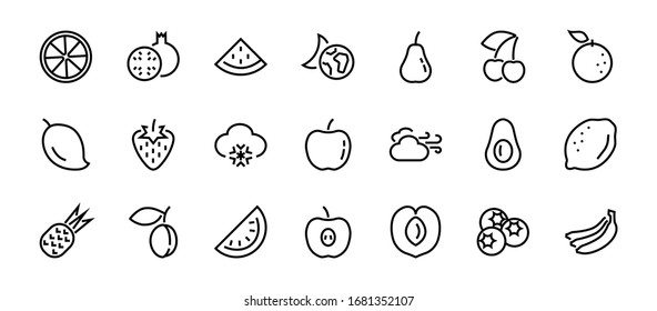 Fruit Icon Set, Vector lines, Contains icons such as apple, banana, cherry, lemon, watermelon, Avocado Editable stroke, 48x48 pixels, White background, eps 10.