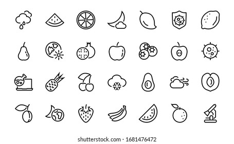 Fruit Icon Set, Vector Lines, Contains Icons Such As Apple, Banana, Cherry, Lemon, Watermelon, Avocado Editable Stroke, 48x48 Pixels, White Background, Eps 10.