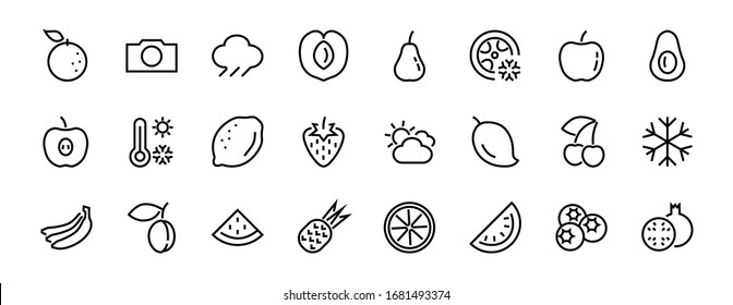 Fruit Icon Set, Vector lines, Contains icons such as apple, banana, cherry, lemon, watermelon, Avocado Editable stroke, 48x48 pixels, White background, eps 10.