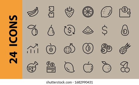 Fruit Icon Set, Vector lines, Contains icons such as apple, banana, cherry, lemon, watermelon, Avocado Editable stroke, 48x48 pixels, White background, eps 10.