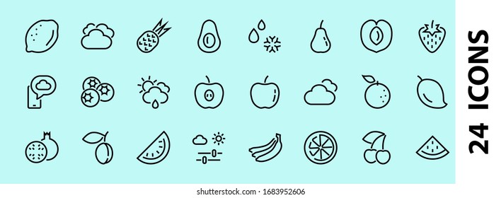 Fruit Icon Set, Vector lines, Contains icons such as apple, banana, cherry, lemon, watermelon, Avocado Editable stroke, 48x48 pixels, White background, eps 10.