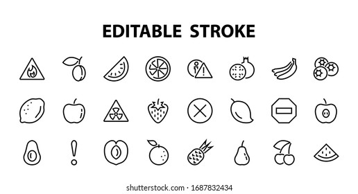 Fruit Icon Set, Vector lines, Contains icons such as apple, banana, cherry, lemon, watermelon, Avocado Editable stroke, 48x48 pixels, White background, eps 10.