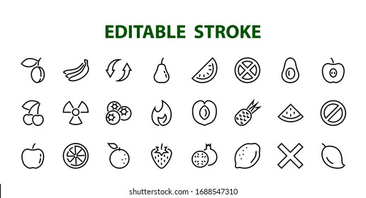 Fruit Icon Set, Vector lines, Contains icons such as apple, banana, cherry, lemon, watermelon, Avocado Editable stroke, 48x48 pixels, White background, eps 10.