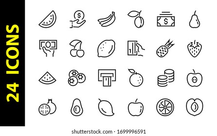 Fruit Icon Set, Vector lines, Contains icons such as apple, banana, cherry, lemon, watermelon, Avocado Editable stroke, 48x48 pixels, White background, eps 10.
