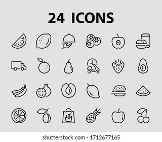 Fruit Icon Set, Vector lines, Contains icons such as apple, banana, cherry, lemon, watermelon, Avocado Editable stroke, 48x48 pixels, White background, eps 10.