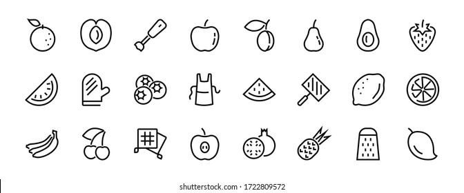 Fruit Icon Set, Vector Lines, Contains Icons Such As Apple, Banana, Cherry, Lemon, Watermelon, Avocado Editable Stroke, 48x48 Pixels, White Background, Eps 10.