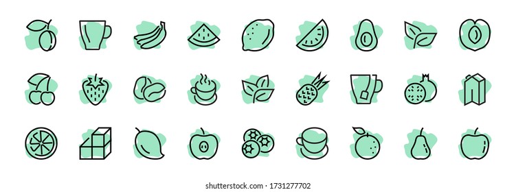 Fruit Icon Set, Vector lines, Contains icons such as apple, banana, cherry, lemon, watermelon, Avocado Editable stroke, 48x48 pixels, White background, eps 10.