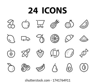 Fruit Icon Set, Vector lines, Contains icons such as apple, banana, cherry, lemon, watermelon, Avocado Editable stroke, 48x48 pixels, White background, eps 10.