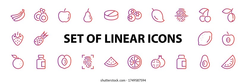 Fruit Icon Set, Vector lines, Contains icons such as apple, banana, cherry, lemon, watermelon, Avocado Editable stroke, 48x48 pixels, White background, eps 10.