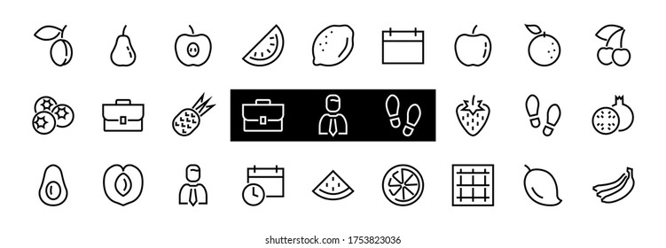 Fruit Icon Set, Vector lines, Contains icons such as apple, banana, cherry, lemon, watermelon, Avocado Editable stroke, 48x48 pixels, White background, eps 10.