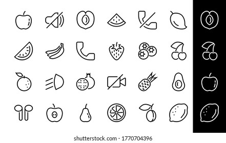 Fruit Icon Set, Vector lines, Contains icons such as apple, banana, cherry, lemon, watermelon, Avocado Editable stroke, 48x48 pixels, White background, eps 10.