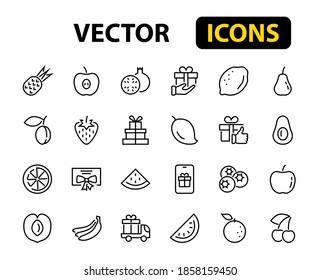 Fruit Icon Set, Vector lines, Contains icons such as apple, banana, cherry, lemon, watermelon, Avocado Editable stroke, 48x48 pixels, White background, eps 10.