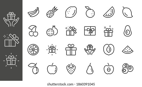 Fruit Icon Set, Vector lines, Contains icons such as apple, banana, cherry, lemon, watermelon, Avocado Editable stroke, 48x48 pixels, White background, eps 10.