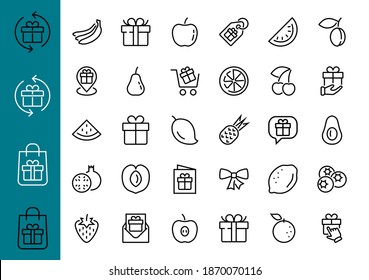 Fruit Icon Set, Vector lines, Contains icons such as apple, banana, cherry, lemon, watermelon, Avocado Editable stroke, 48x48 pixels, White background, eps 10.