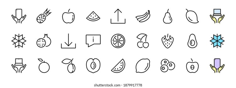 Fruit Icon Set, Vector Lines, Contains Icons Such As Apple, Banana, Cherry, Lemon, Watermelon, Avocado Editable Stroke, 48x48 Pixels, White Background, Eps 10.