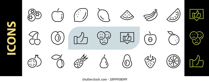 Fruit Icon Set, Vector lines, Contains icons such as apple, banana, cherry, lemon, watermelon, Avocado Editable stroke, 48x48 pixels, White background, eps 10.