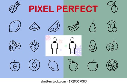 Fruit Icon Set, Vector lines, Contains icons such as apple, banana, cherry, lemon, watermelon, Avocado Editable stroke, 48x48 pixels, White background, eps 10.