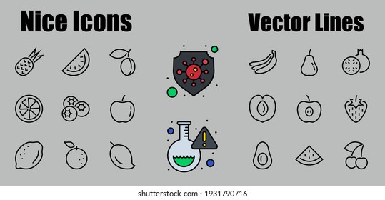 Fruit Icon Set, Vector lines, Contains icons such as apple, banana, cherry, lemon, watermelon, Avocado Editable stroke, 48x48 pixels, White background, eps 10.