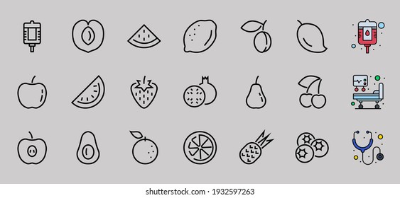 Fruit Icon Set, Vector lines, Contains icons such as apple, banana, cherry, lemon, watermelon, Avocado Editable stroke, 48x48 pixels, White background, eps 10.