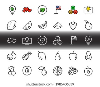 Fruit Icon Set, Vector lines, Contains icons such as apple, banana, cherry, lemon, watermelon, Avocado Editable stroke, 48x48 pixels, White background, eps 10.