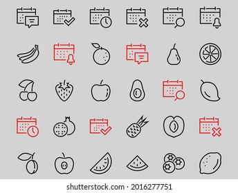 Fruit Icon Set, Vector lines, Contains icons such as apple, banana, cherry, lemon, watermelon, Avocado Editable stroke, 48x48 pixels, White background, eps 10.