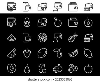 Fruit Icon Set, Vector lines, Contains icons such as apple, banana, cherry, lemon, watermelon, Avocado Editable stroke, 48x48 pixels, White background, eps 10.