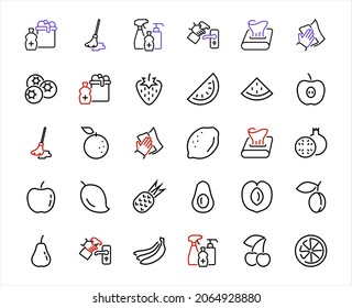 Fruit Icon Set, Vector lines, Contains icons such as apple, banana, cherry, lemon, watermelon, Avocado Editable stroke, 48x48 pixels, White background, eps 10.