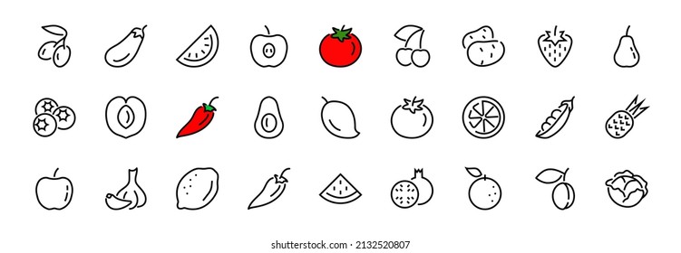Juego de iconos de la fruta, Líneas del vector, Contiene iconos como manzana, plátano, cereza, limón, sandía, ictus editable aguacate, 48x48 píxeles, fondo blanco, eps 10.