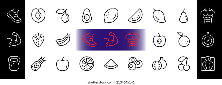 Fruit Icon Set, Vector lines, Contains icons such as apple, banana, cherry, lemon, watermelon, Avocado Editable stroke, 48x48 pixels, White background, eps 10