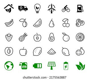 Fruit Icon Set, Vector lines, Contains icons such as apple, banana, cherry, lemon, watermelon, Avocado Editable stroke, 48x48 pixels, White background, eps 10