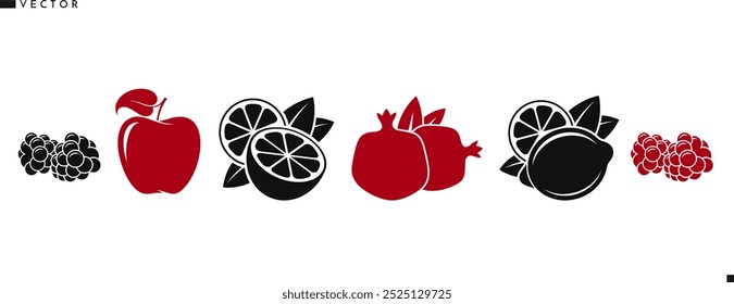 Fruit icon set. Vegan food silhouette. Isolated citrus fruit lemon lime orange pomegranate apple raspberry and blackberry on white background. 