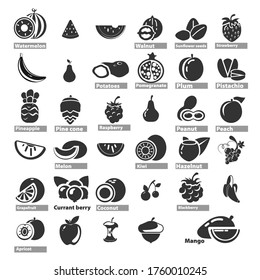 fruit icon set with watermelon, melon, apple, peach, grapes, coconut, orange, kiwi, mango