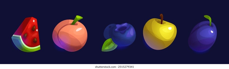 Icono de fruta para el juego de dibujos animados de juegos de tragamonedas de casino ui. Manzana, arándano, sandía, ciruela y durazno activo de alimentos para la interfaz de juego móvil en App para jugar. Kit de objetos de insignia de giro en línea lindo y brillante