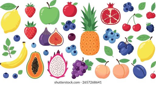 fruta, ícono, Vector, fresa, dibujado, melocotón, limón, piña, cereza, garabato, verano, dragón, comida, granada, mano, ciruela, mango, abstracto, planta, dibujo, higo, conjunto, arte, retro, sabroso, orgánico, j