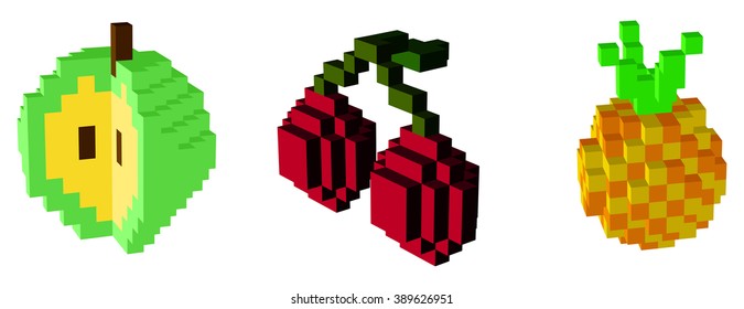 Fruit icons  3D pixel art   for design project -   vector illutration 