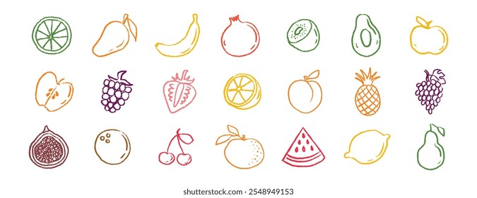 Fruit icons chalk hand drawn doodle set. Drawing crayon fruit. Vector illustration