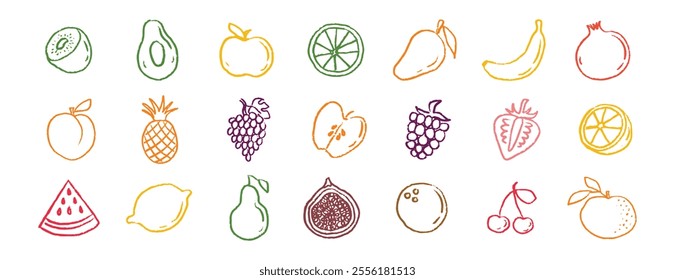 Fruit icons chalk hand drawn doodle set. Drawing crayon fruit. Vector illustration