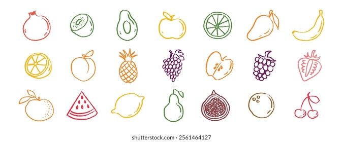 Fruit icons chalk hand drawn doodle set. Drawing crayon fruit. Vector illustration