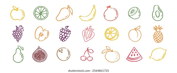 Fruit icons chalk hand drawn doodle set. Drawing crayon fruit. Vector illustration