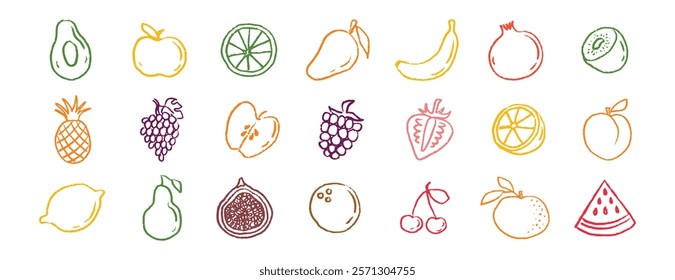 Fruit icons chalk hand drawn doodle set. Drawing crayon fruit. Vector illustration