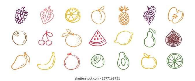 Fruit icons chalk hand drawn doodle set. Drawing crayon fruit. Vector illustration