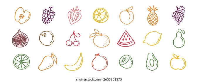 Fruit icons chalk hand drawn doodle set. Drawing crayon fruit. Vector illustration