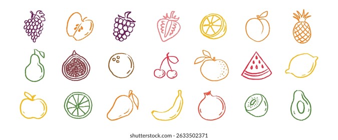 Ícones de fruta giz mão desenhado doodle set. Desenhando giz de cera. Ilustração vetorial