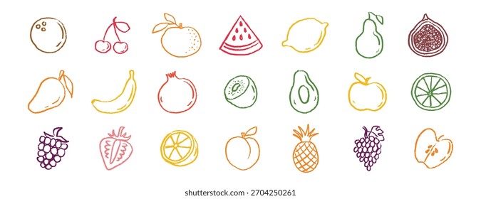 Conjunto de doodle dibujado a mano de tiza de iconos de frutas. Dibujando crayón de frutas. Ilustración vectorial
