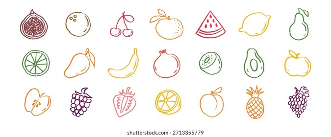 Conjunto de doodle dibujado a mano de tiza de iconos de frutas. Dibujando crayón de frutas. Ilustración vectorial