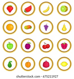 Fruit icons circle gold in cartoon style isolate on white background vector illustration