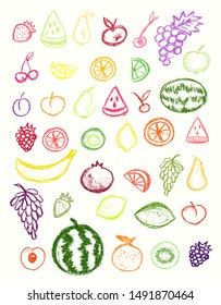 Fruit icons collection.Children drawing style color fruits set. Hand drawn wax crayons art on white background. Isolated chalk style icons. Pear,apple, grape, apricot, cherry, lemon, watermelon.