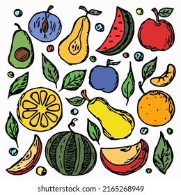 Fruit icons. Colored doodle vector illustration with fruit icons Fruit background