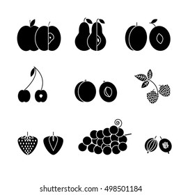 Fruit icons, flat design black isolated on white background. Set of traditional summer earopean fruits