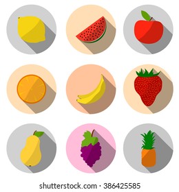 fruit icons in flat design , lemon , watermelon , apple, orange , banana, strawberry , pear , grapes , pineapple
